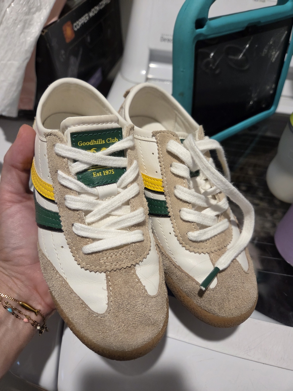 Zara Cream Sneakers with Green & Yellow Stripes